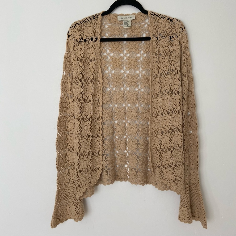 Vintage Crochet Floral Knit Cardigan Bell Sleeve Bohemian Beige size Medium